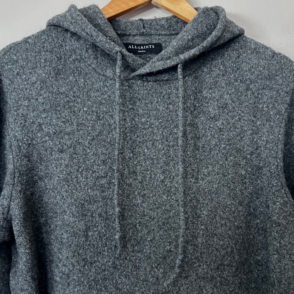 AllSaints Hoodie Mens Small Gray Wool Yak Blend Knit Pullover Sweater Pocket